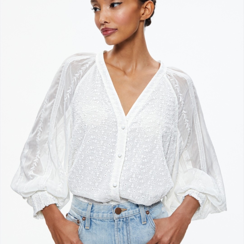 Alice + Olivia White Textured Blouse with Sheer Sleeves